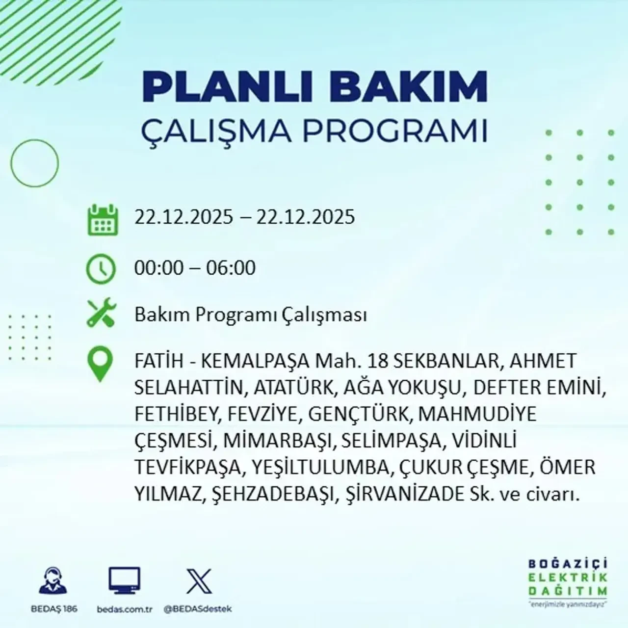 22 Aralık İstanbul elektrik kesintisi 