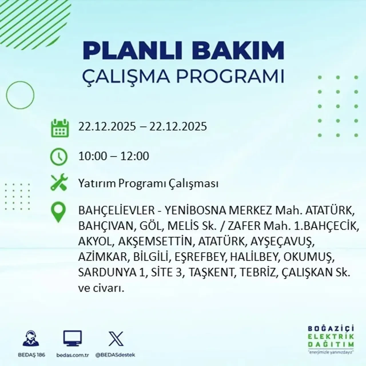 22 Aralık İstanbul elektrik kesintisi 