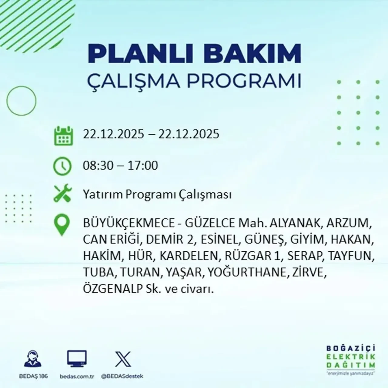 22 Aralık İstanbul elektrik kesintisi 