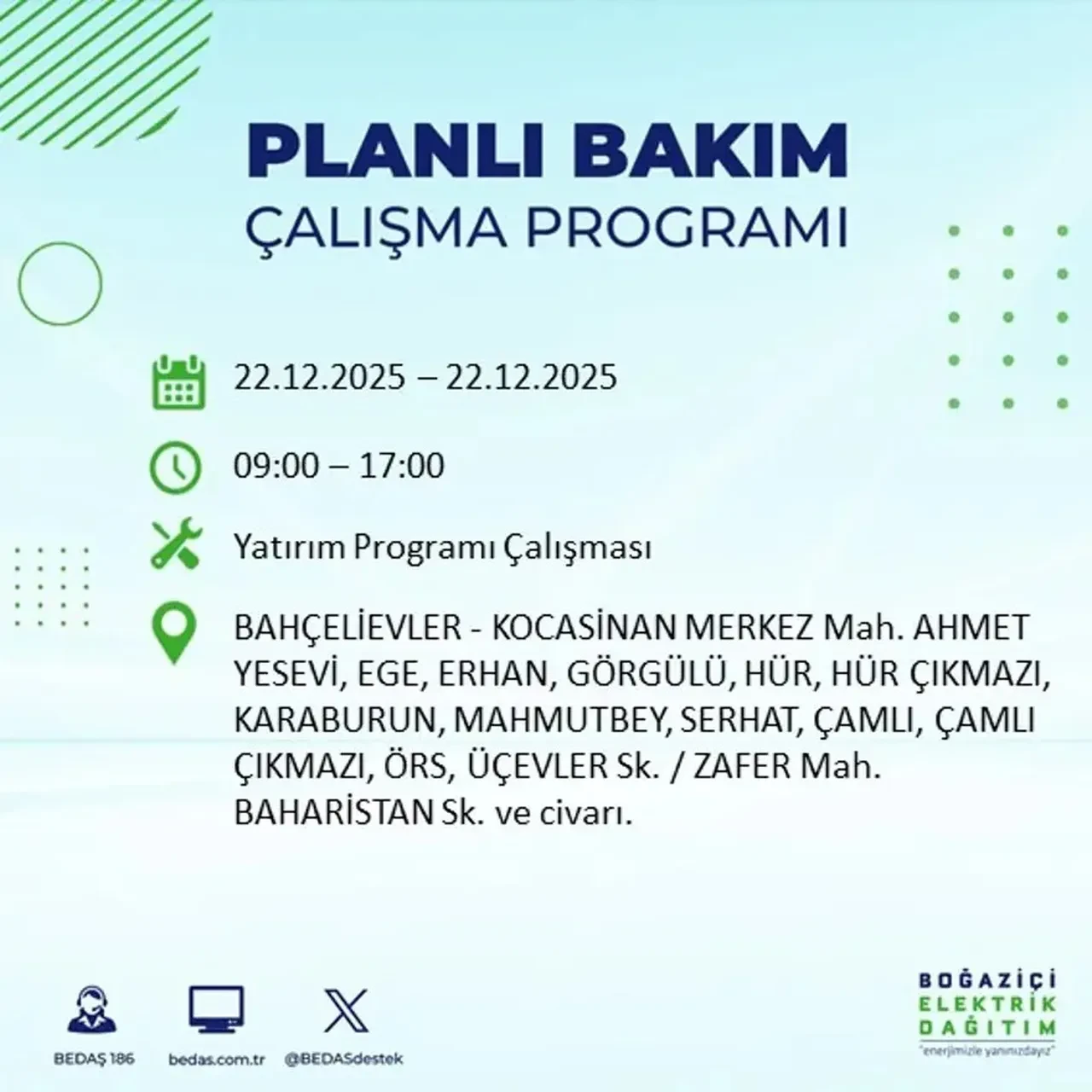 22 Aralık İstanbul elektrik kesintisi 