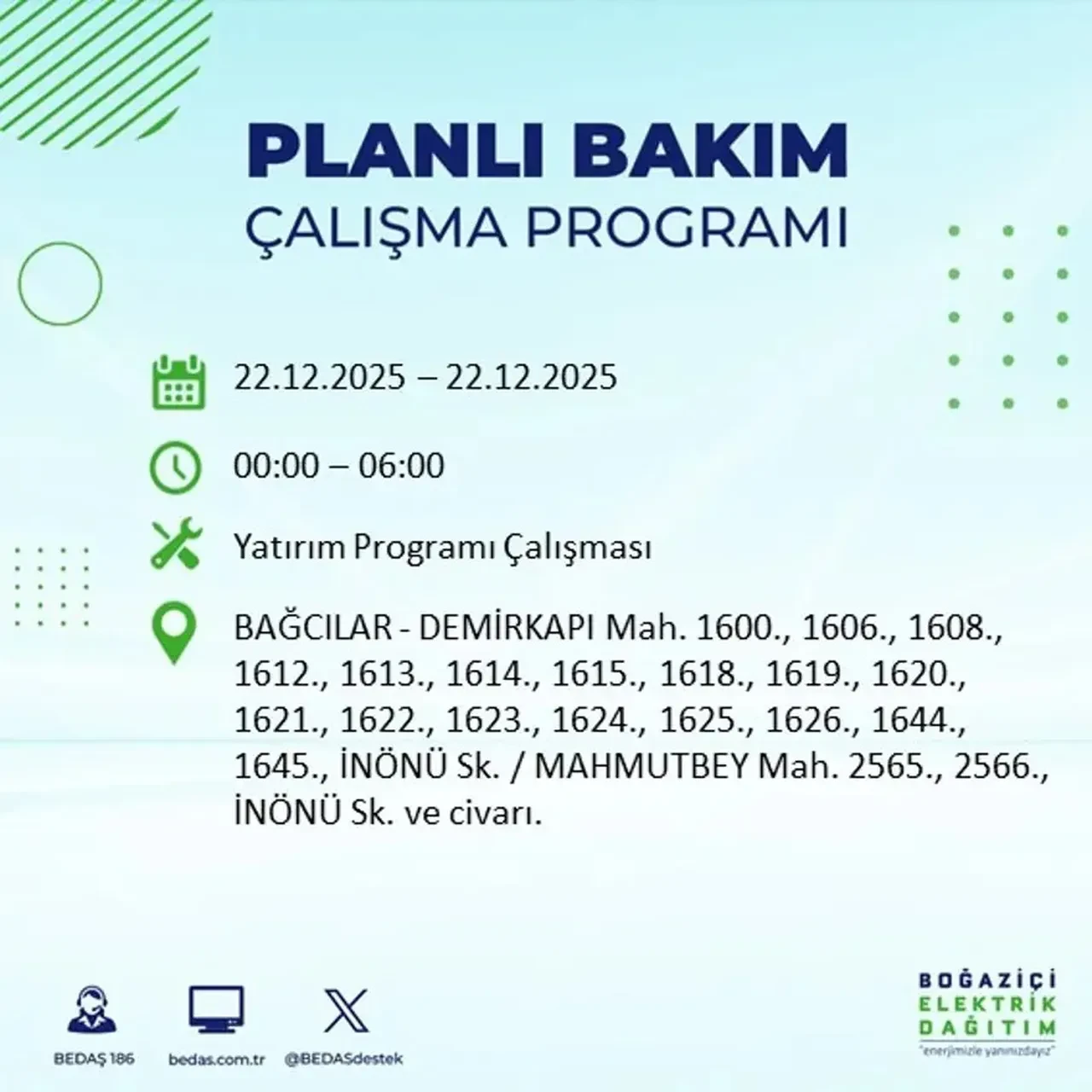 22 Aralık İstanbul elektrik kesintisi 
