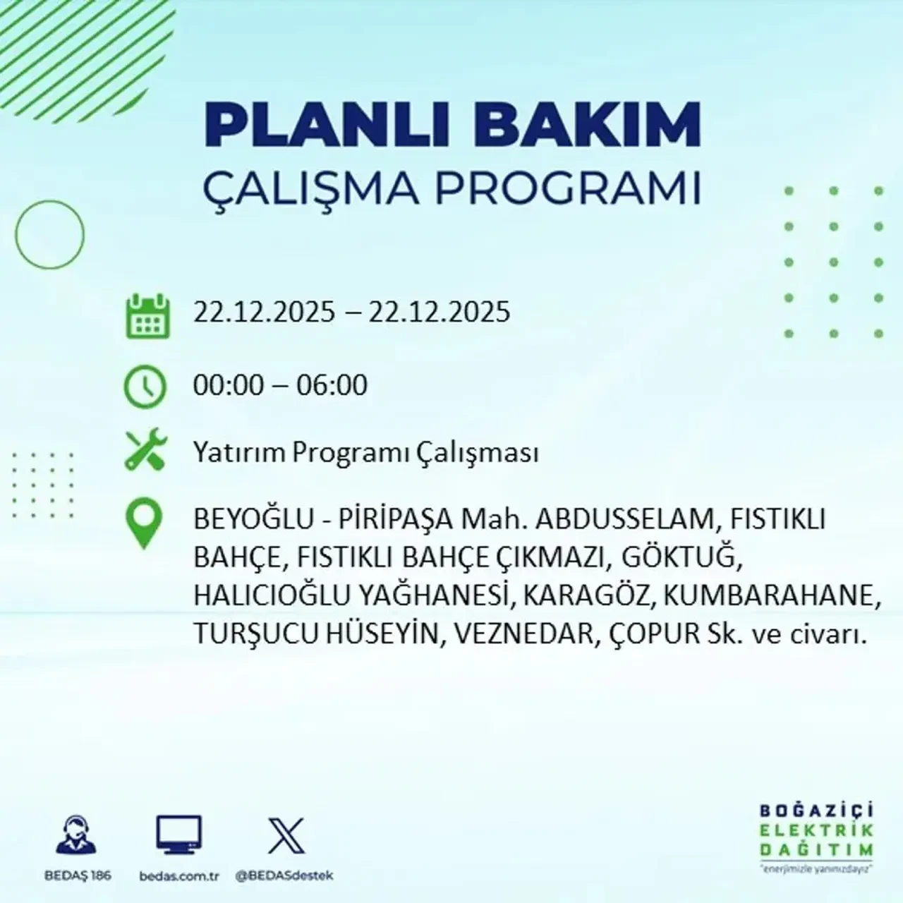 22 Aralık İstanbul elektrik kesintisi 