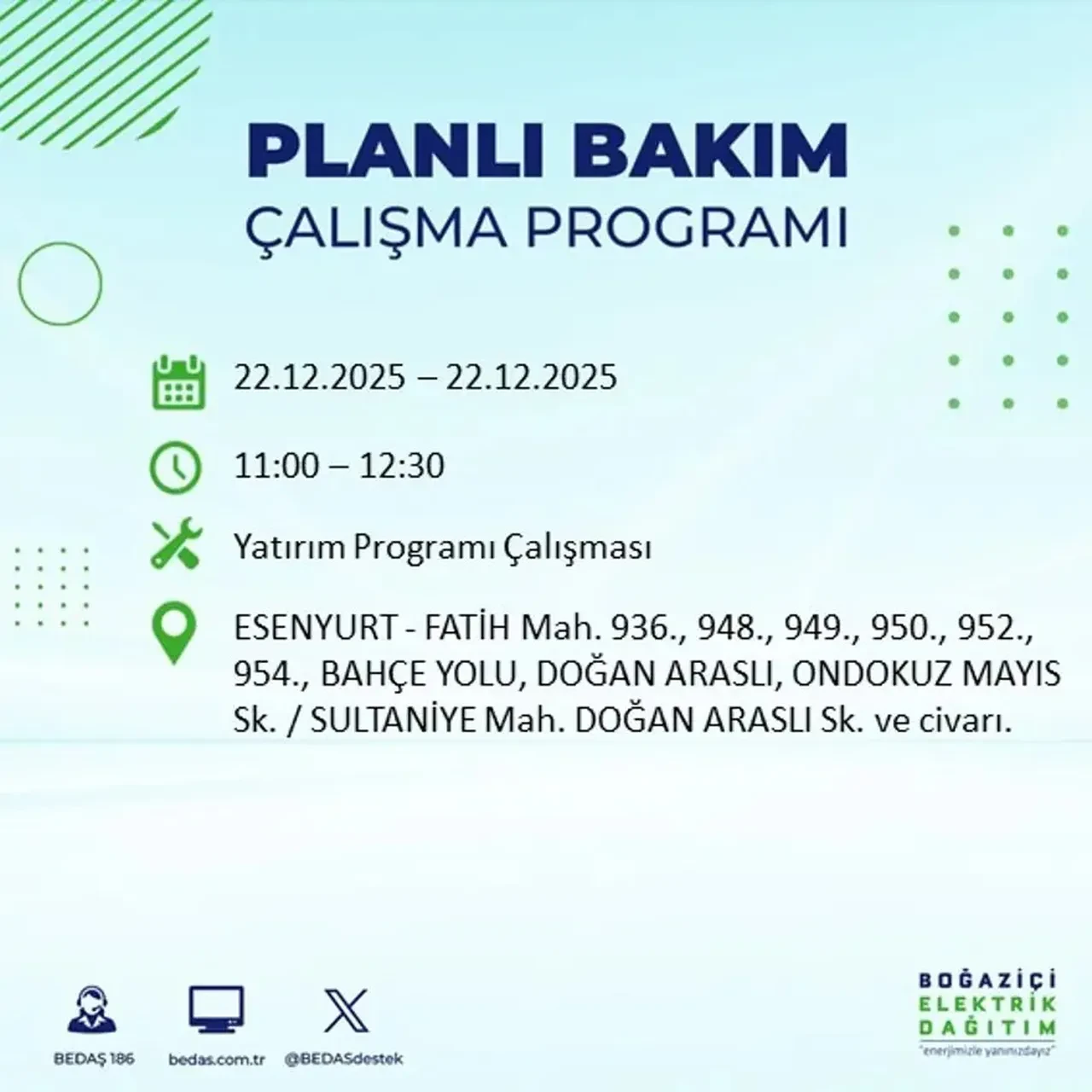 22 Aralık İstanbul elektrik kesintisi 