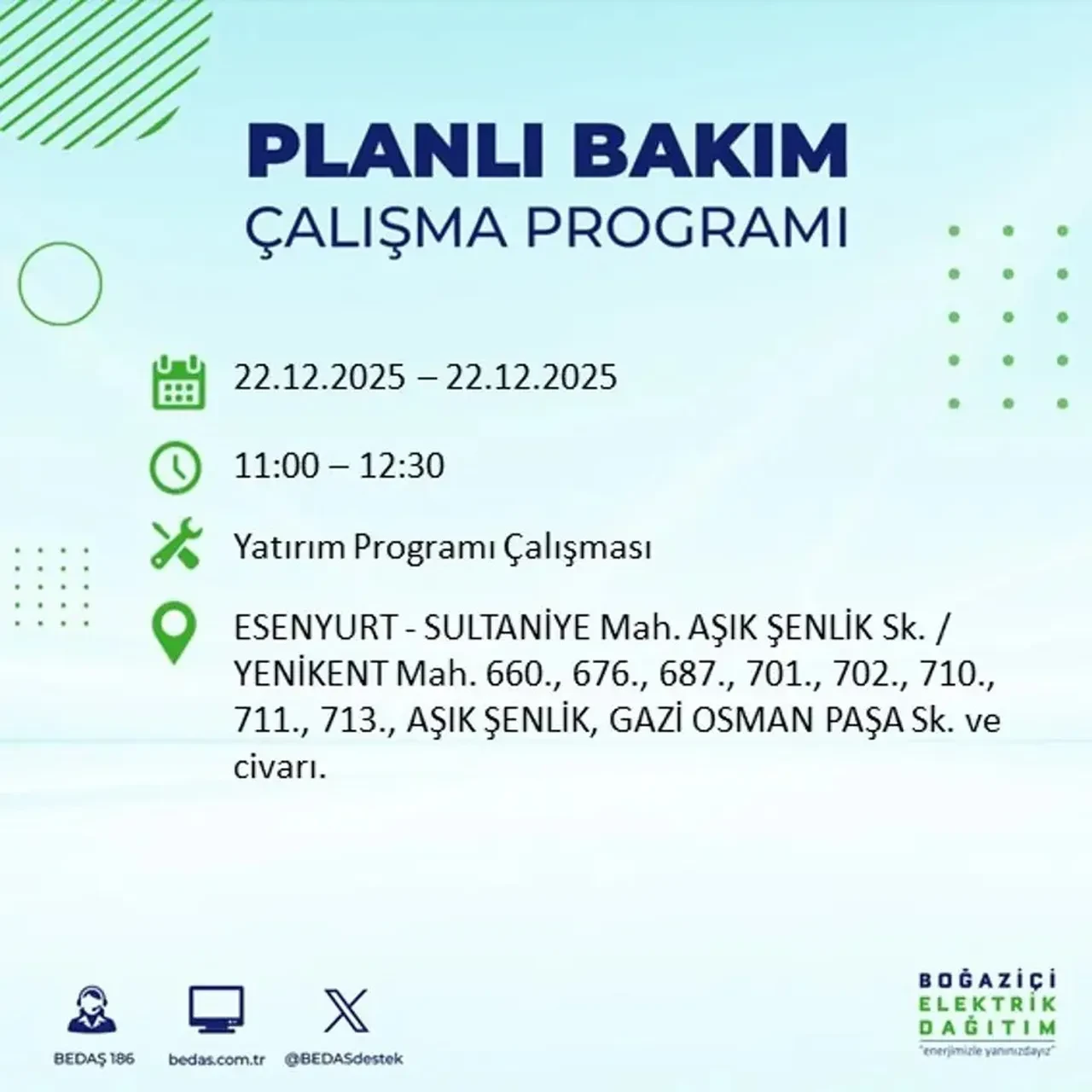 22 Aralık İstanbul elektrik kesintisi 
