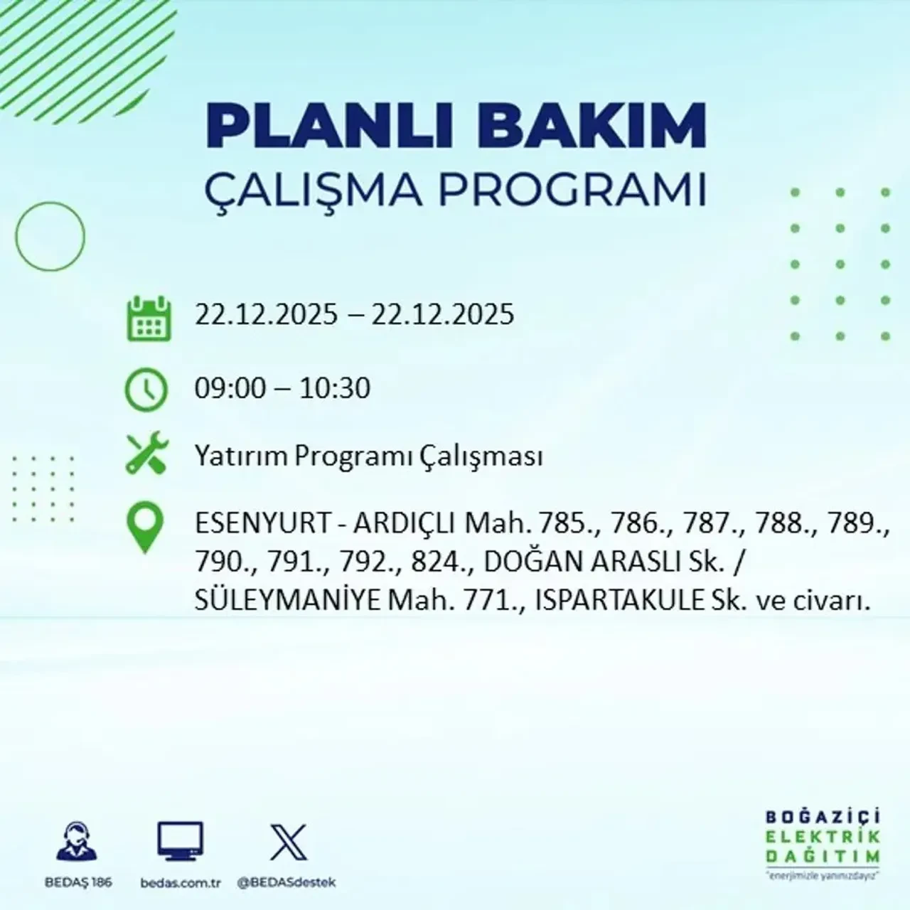 22 Aralık İstanbul elektrik kesintisi 