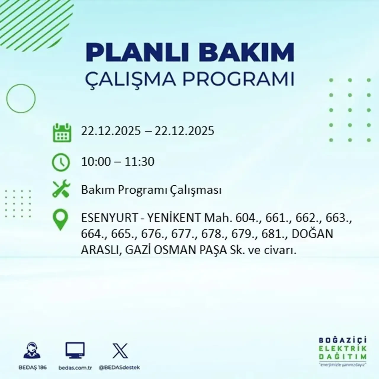 22 Aralık İstanbul elektrik kesintisi 