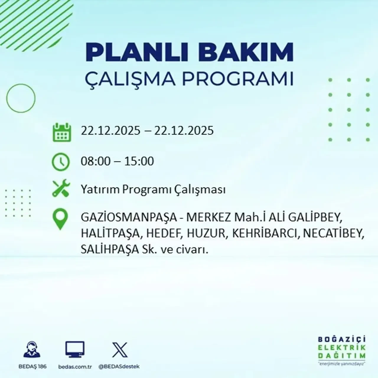 22 Aralık İstanbul elektrik kesintisi 