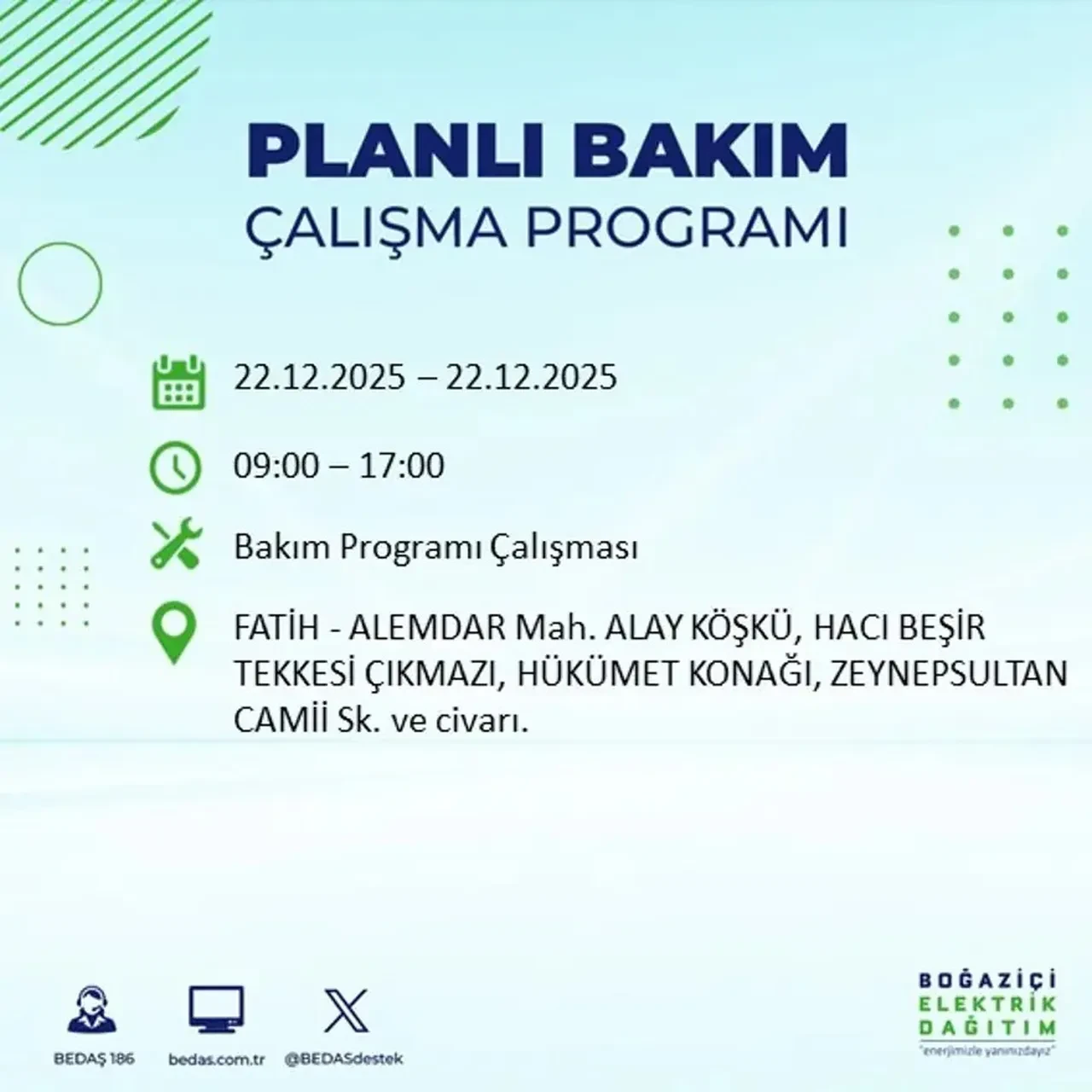 22 Aralık İstanbul elektrik kesintisi 