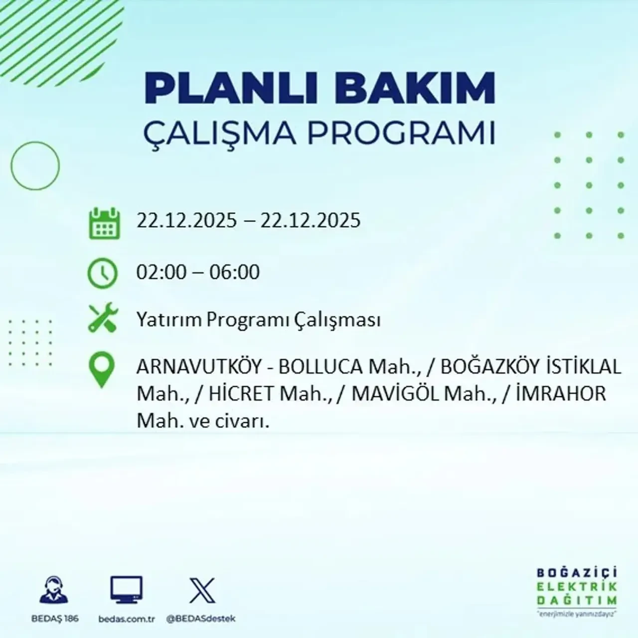 22 Aralık İstanbul elektrik kesintisi 