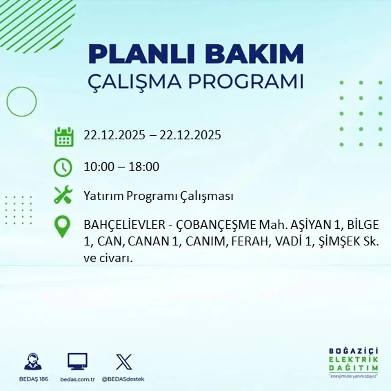 22 Aralık İstanbul elektrik kesintisi 