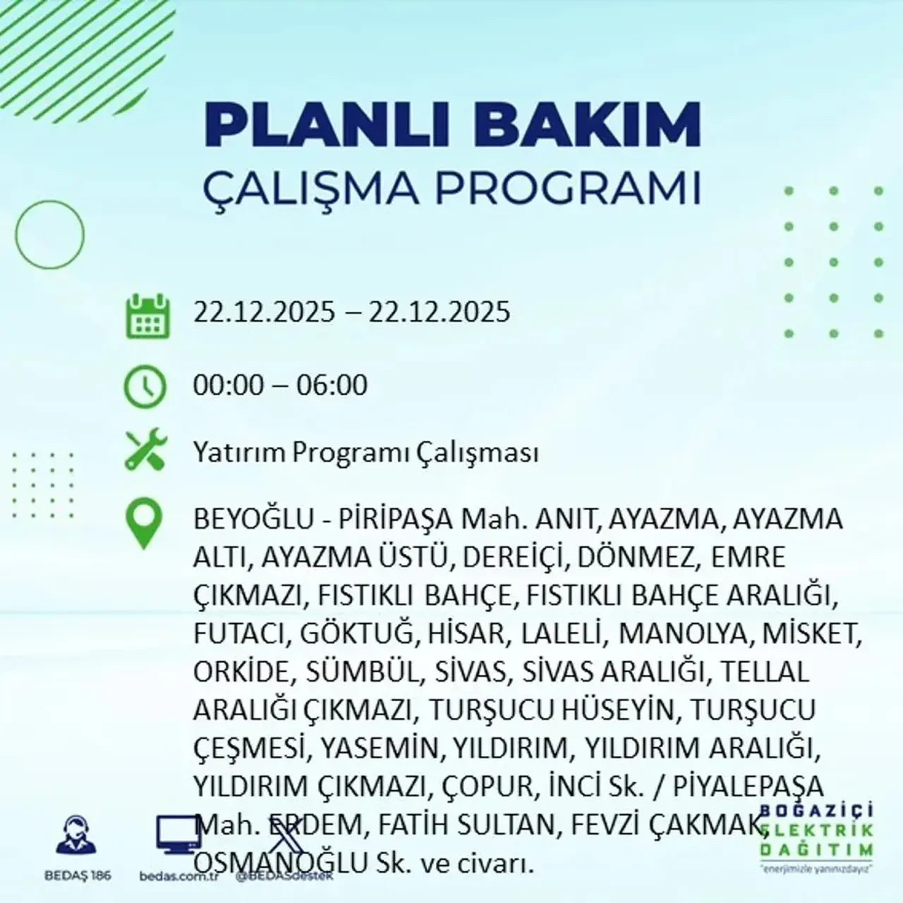 22 Aralık İstanbul elektrik kesintisi 