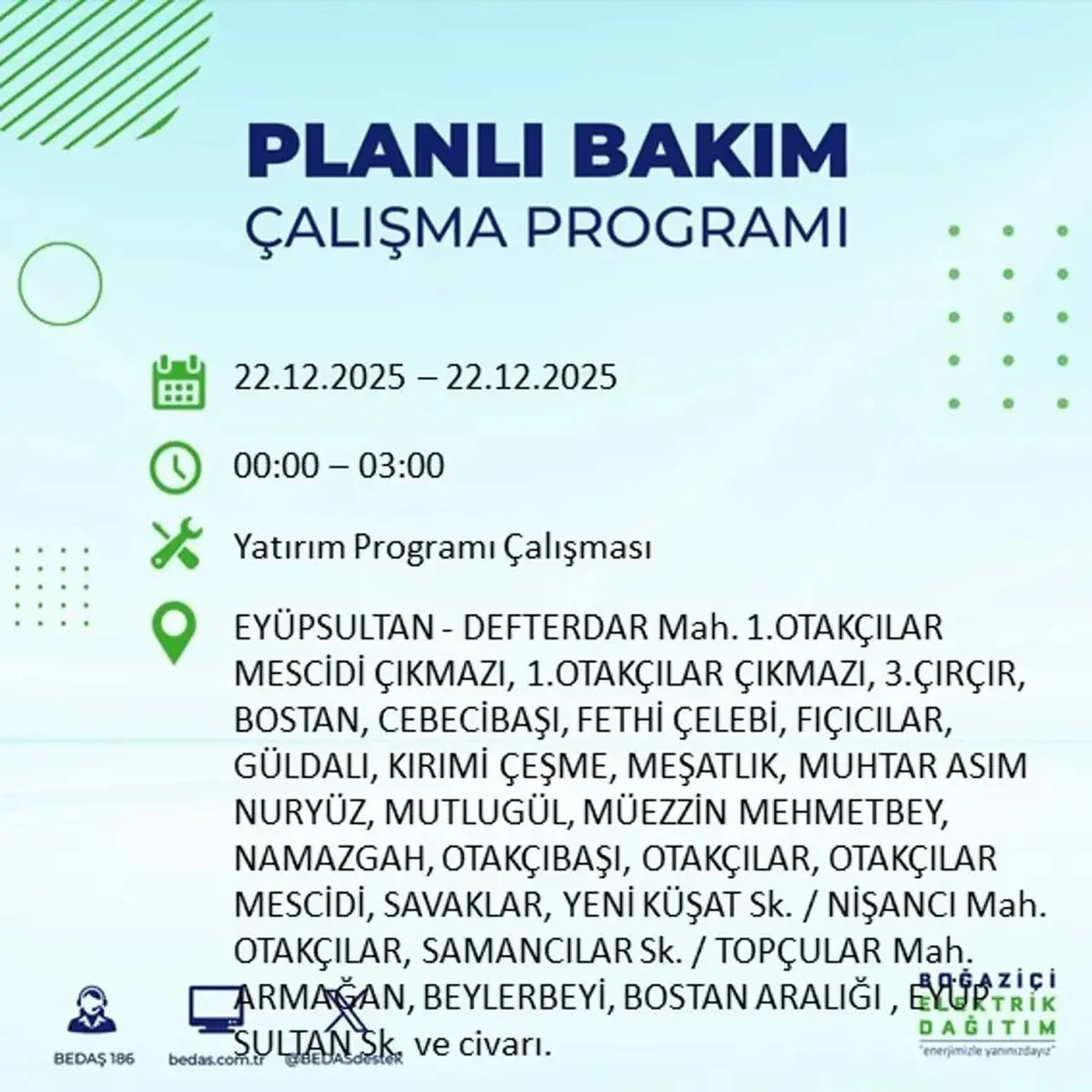 22 Aralık İstanbul elektrik kesintisi 
