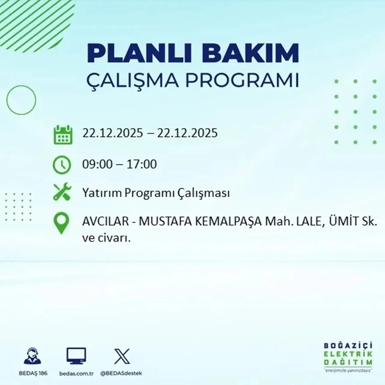 22 Aralık İstanbul elektrik kesintisi 