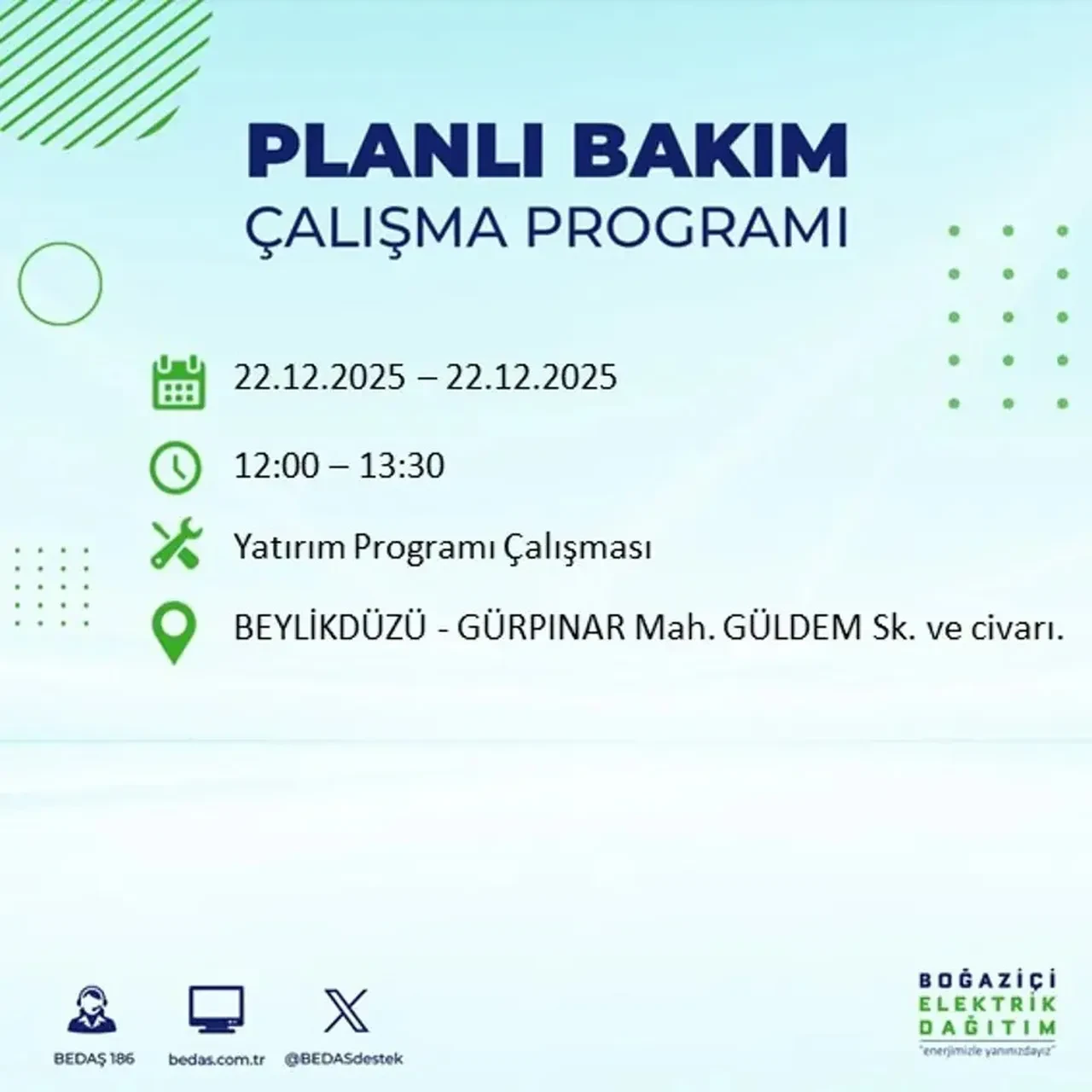 22 Aralık İstanbul elektrik kesintisi 