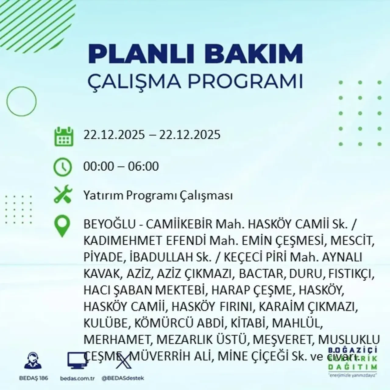 22 Aralık İstanbul elektrik kesintisi 