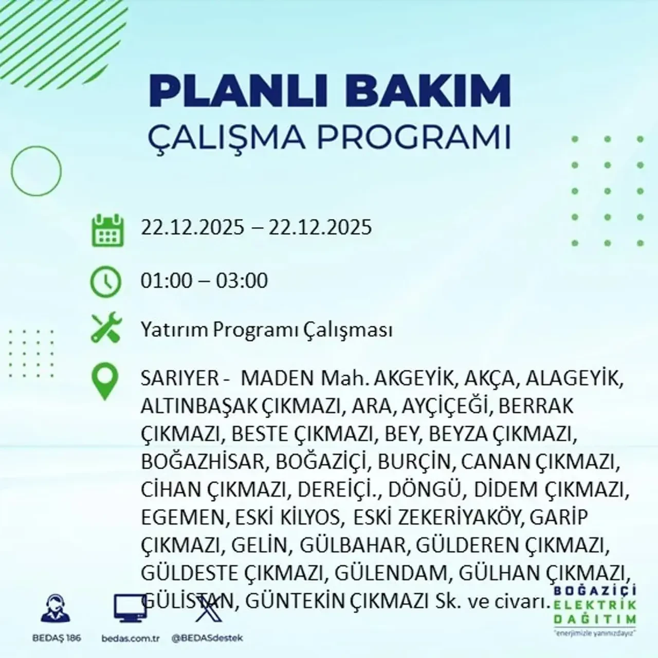 22 Aralık İstanbul elektrik kesintisi 