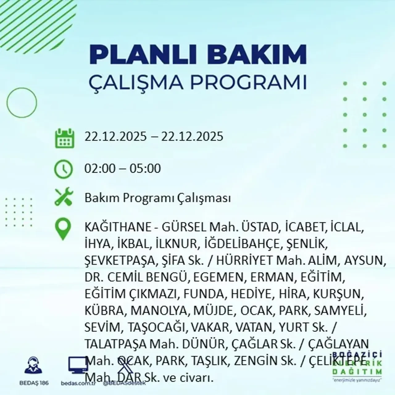 22 Aralık İstanbul elektrik kesintisi 