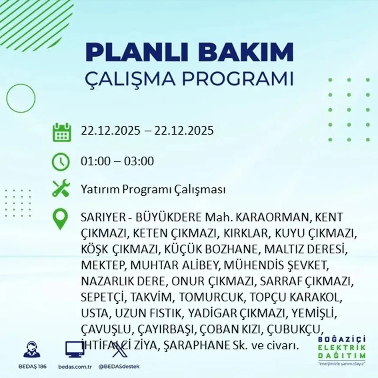 22 Aralık İstanbul elektrik kesintisi 
