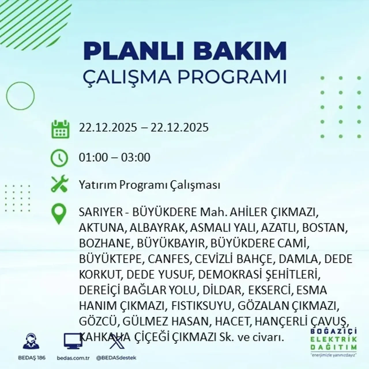 22 Aralık İstanbul elektrik kesintisi 