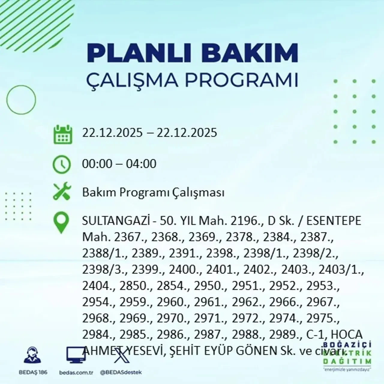 22 Aralık İstanbul elektrik kesintisi 