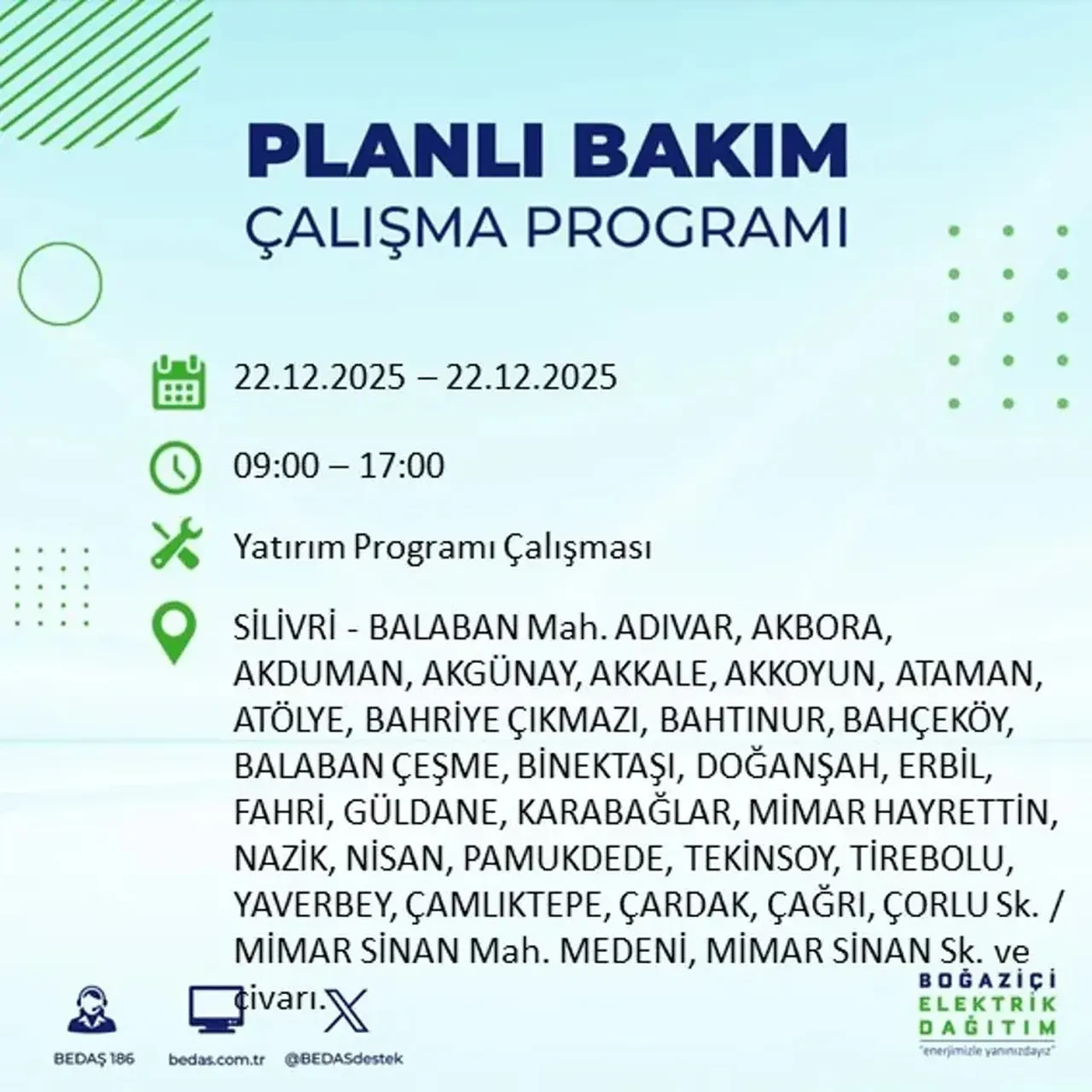 22 Aralık İstanbul elektrik kesintisi 
