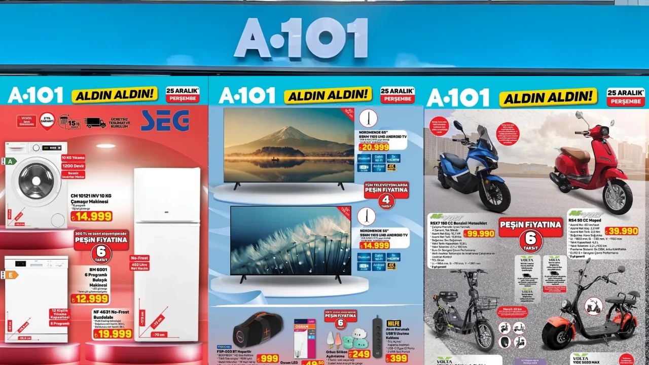 A101 aktüel indirimleri 25 Aralık! Bu hafta A101'e gelecek aktüel ürünler arasında elektrikli bisiklet, beyaz eşya seti, Android TV yer aldı