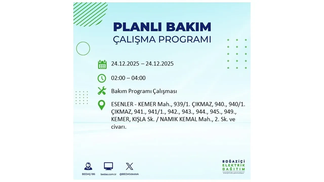 BEDAŞ’tan 21 ilçeye uyarı! Saatlerce elektrik gelmeyecek: İşte 24 Aralık İstanbul elektrik kesintisi rehberi