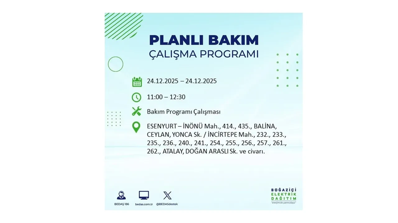 BEDAŞ’tan 21 ilçeye uyarı! Saatlerce elektrik gelmeyecek: İşte 24 Aralık İstanbul elektrik kesintisi rehberi