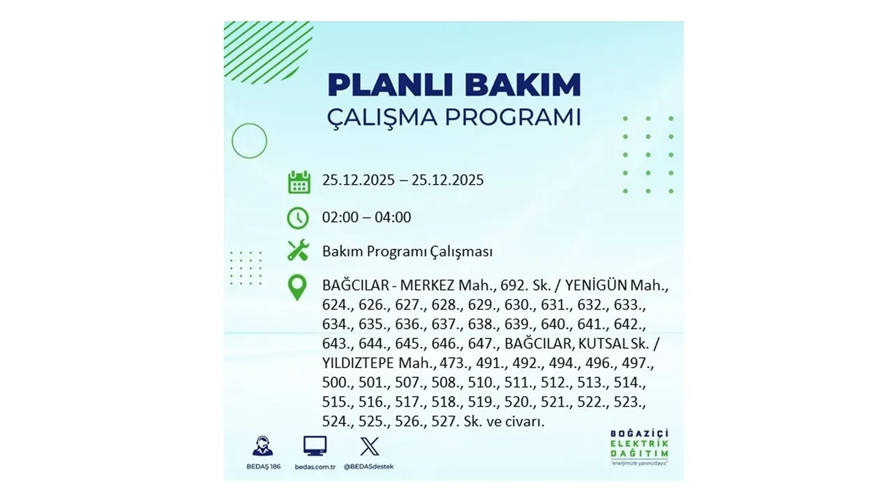 25 Aralık İstanbul elektrik kesintisi duyurusu! BEDAŞ çalışmaları 21 ilçeyi etkileyecek