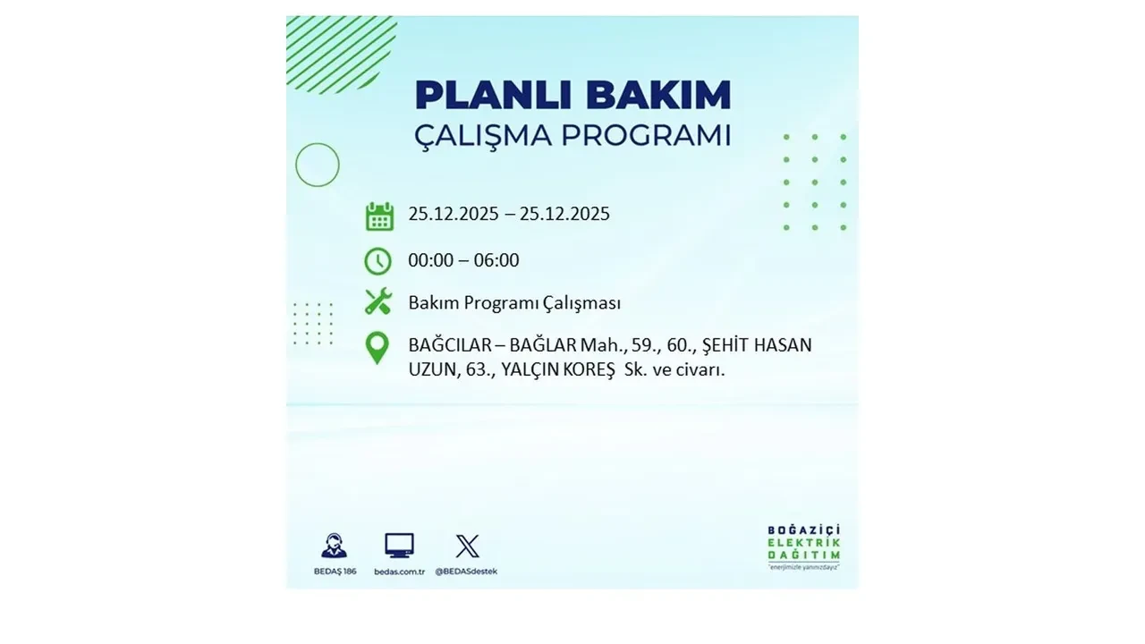 25 Aralık İstanbul elektrik kesintisi duyurusu! BEDAŞ çalışmaları 21 ilçeyi etkileyecek