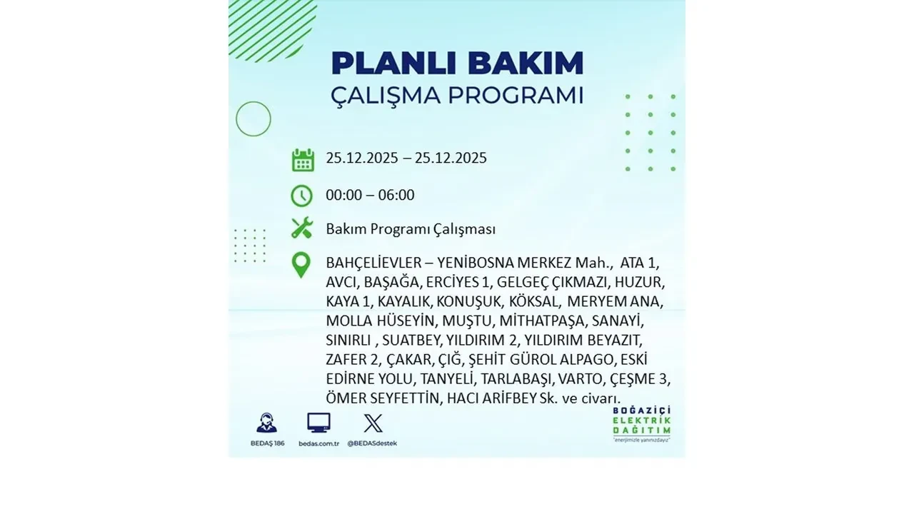 25 Aralık İstanbul elektrik kesintisi duyurusu! BEDAŞ çalışmaları 21 ilçeyi etkileyecek