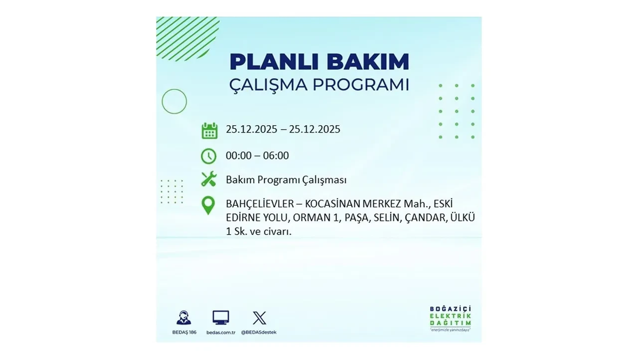 25 Aralık İstanbul elektrik kesintisi duyurusu! BEDAŞ çalışmaları 21 ilçeyi etkileyecek
