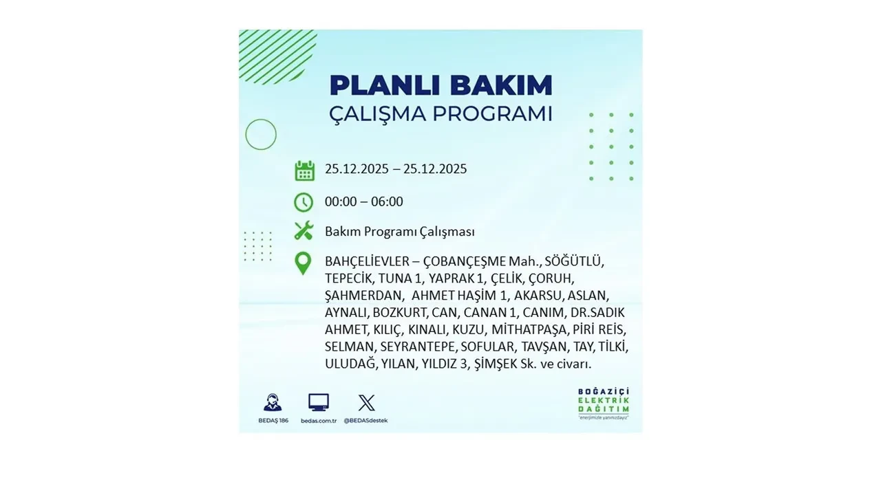 25 Aralık İstanbul elektrik kesintisi duyurusu! BEDAŞ çalışmaları 21 ilçeyi etkileyecek