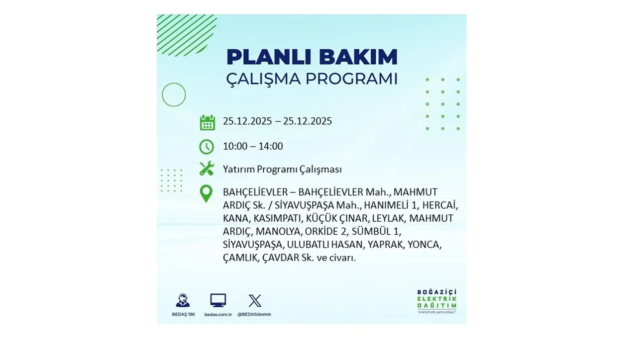 25 Aralık İstanbul elektrik kesintisi duyurusu! BEDAŞ çalışmaları 21 ilçeyi etkileyecek