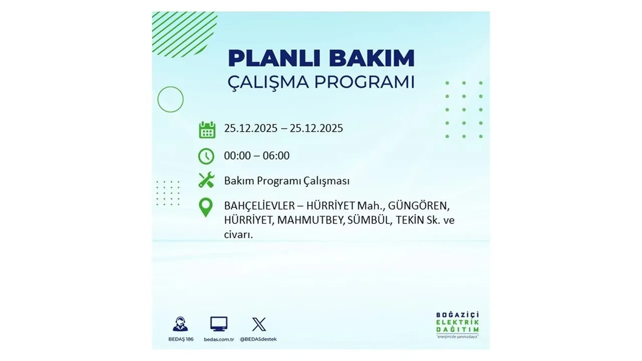 25 Aralık İstanbul elektrik kesintisi duyurusu! BEDAŞ çalışmaları 21 ilçeyi etkileyecek