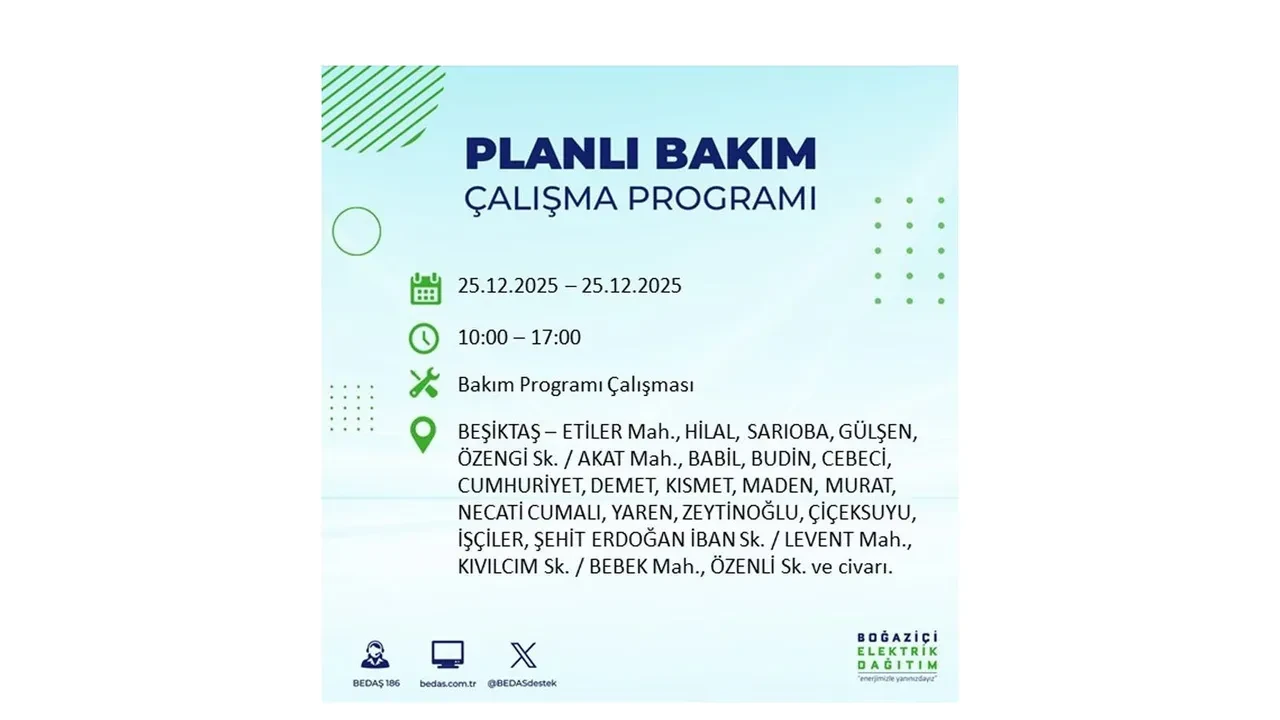25 Aralık İstanbul elektrik kesintisi duyurusu! BEDAŞ çalışmaları 21 ilçeyi etkileyecek