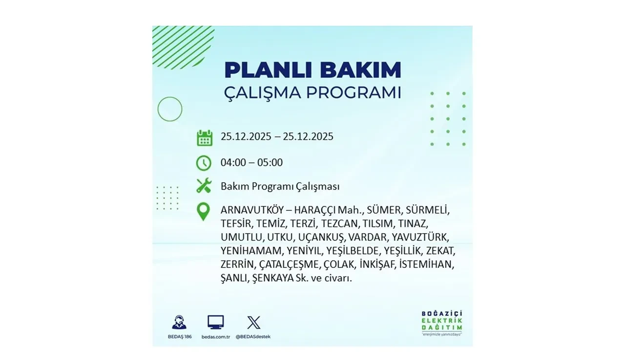25 Aralık İstanbul elektrik kesintisi duyurusu! BEDAŞ çalışmaları 21 ilçeyi etkileyecek