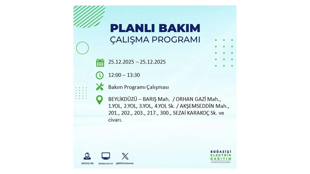 25 Aralık İstanbul elektrik kesintisi duyurusu! BEDAŞ çalışmaları 21 ilçeyi etkileyecek