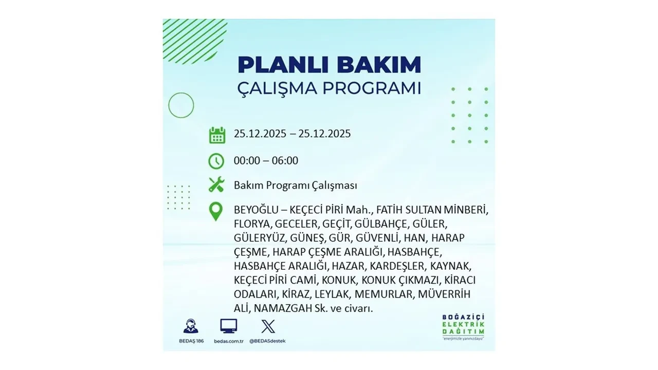 25 Aralık İstanbul elektrik kesintisi duyurusu! BEDAŞ çalışmaları 21 ilçeyi etkileyecek