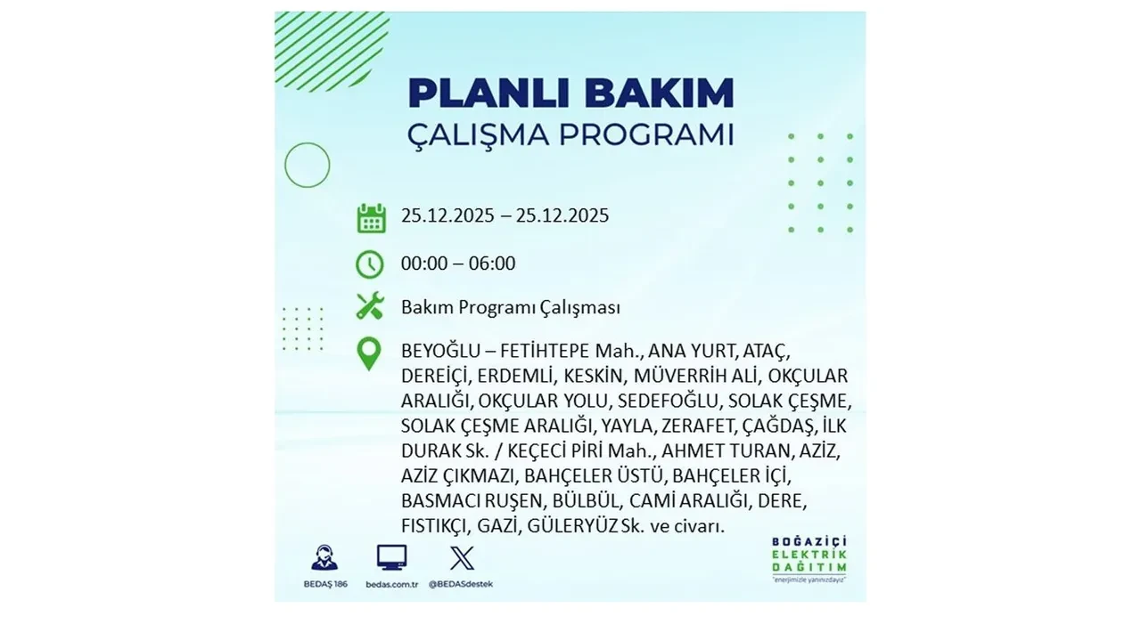 25 Aralık İstanbul elektrik kesintisi duyurusu! BEDAŞ çalışmaları 21 ilçeyi etkileyecek