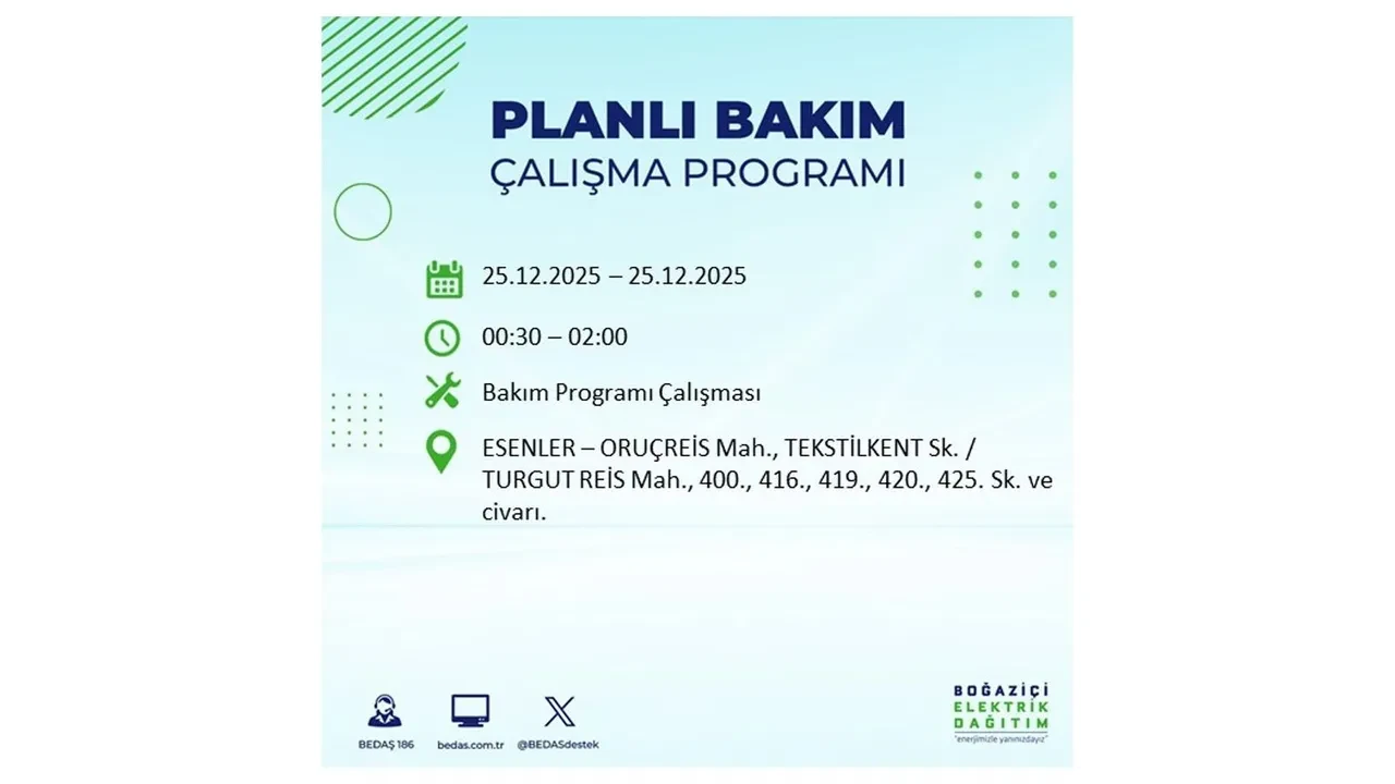 25 Aralık İstanbul elektrik kesintisi duyurusu! BEDAŞ çalışmaları 21 ilçeyi etkileyecek