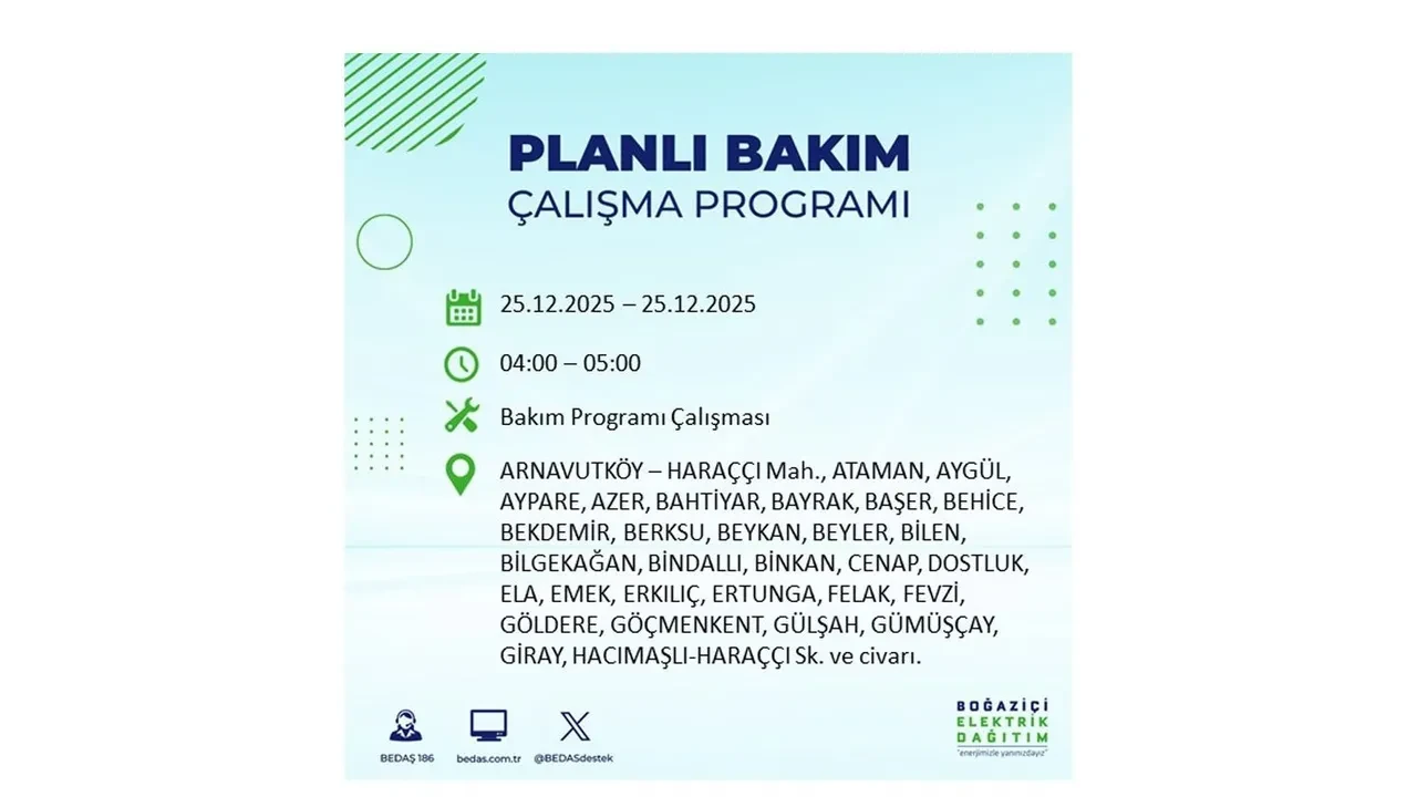 25 Aralık İstanbul elektrik kesintisi duyurusu! BEDAŞ çalışmaları 21 ilçeyi etkileyecek