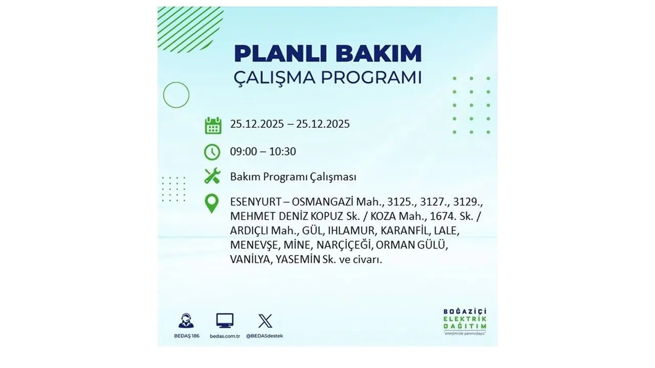 25 Aralık İstanbul elektrik kesintisi duyurusu! BEDAŞ çalışmaları 21 ilçeyi etkileyecek