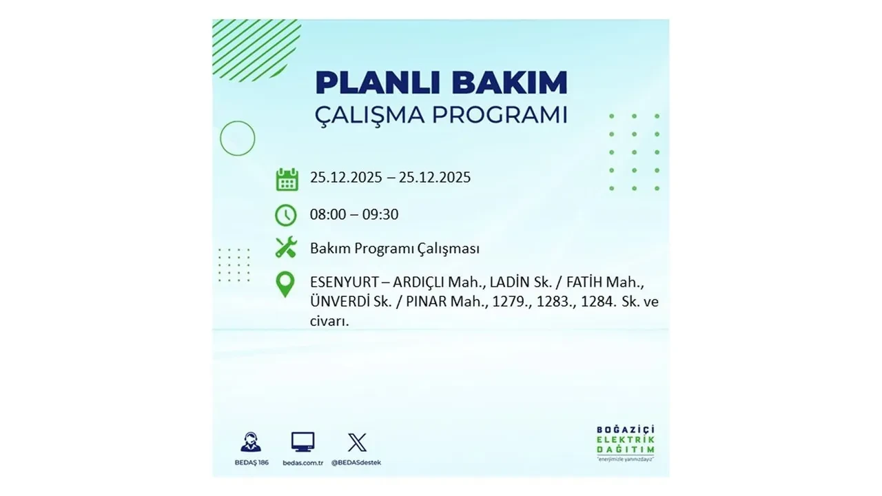 25 Aralık İstanbul elektrik kesintisi duyurusu! BEDAŞ çalışmaları 21 ilçeyi etkileyecek