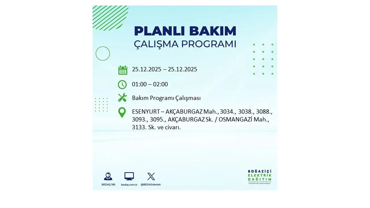 25 Aralık İstanbul elektrik kesintisi duyurusu! BEDAŞ çalışmaları 21 ilçeyi etkileyecek