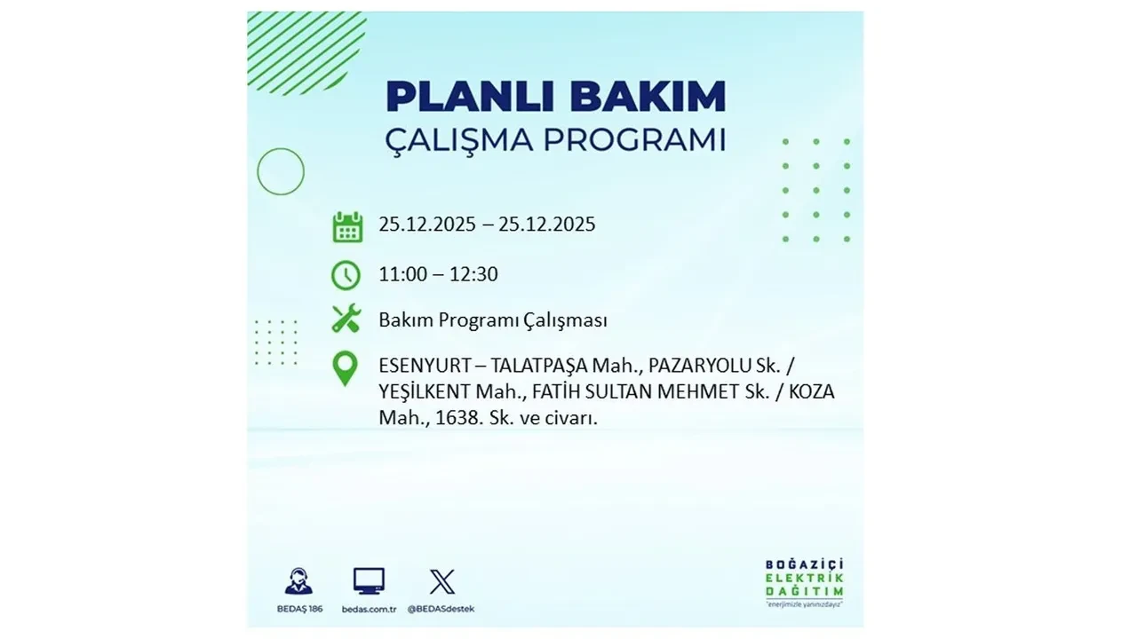 25 Aralık İstanbul elektrik kesintisi duyurusu! BEDAŞ çalışmaları 21 ilçeyi etkileyecek