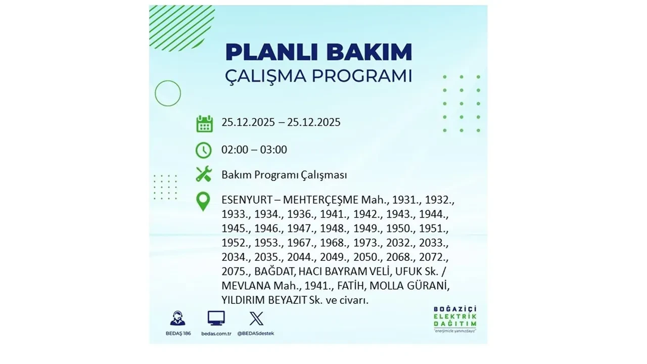 25 Aralık İstanbul elektrik kesintisi duyurusu! BEDAŞ çalışmaları 21 ilçeyi etkileyecek