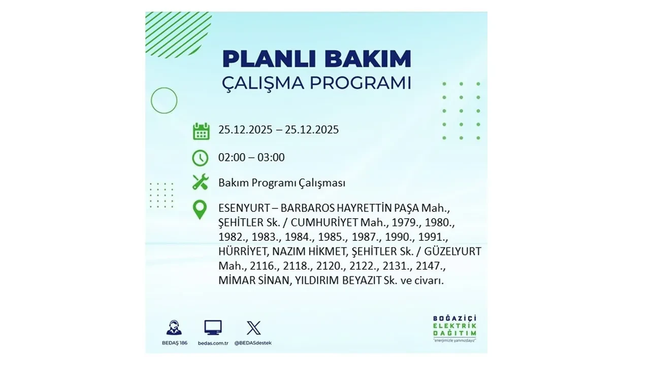 25 Aralık İstanbul elektrik kesintisi duyurusu! BEDAŞ çalışmaları 21 ilçeyi etkileyecek