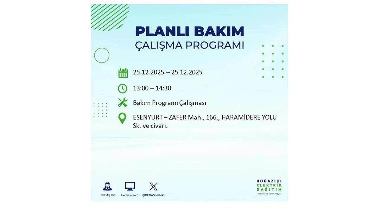 25 Aralık İstanbul elektrik kesintisi duyurusu! BEDAŞ çalışmaları 21 ilçeyi etkileyecek