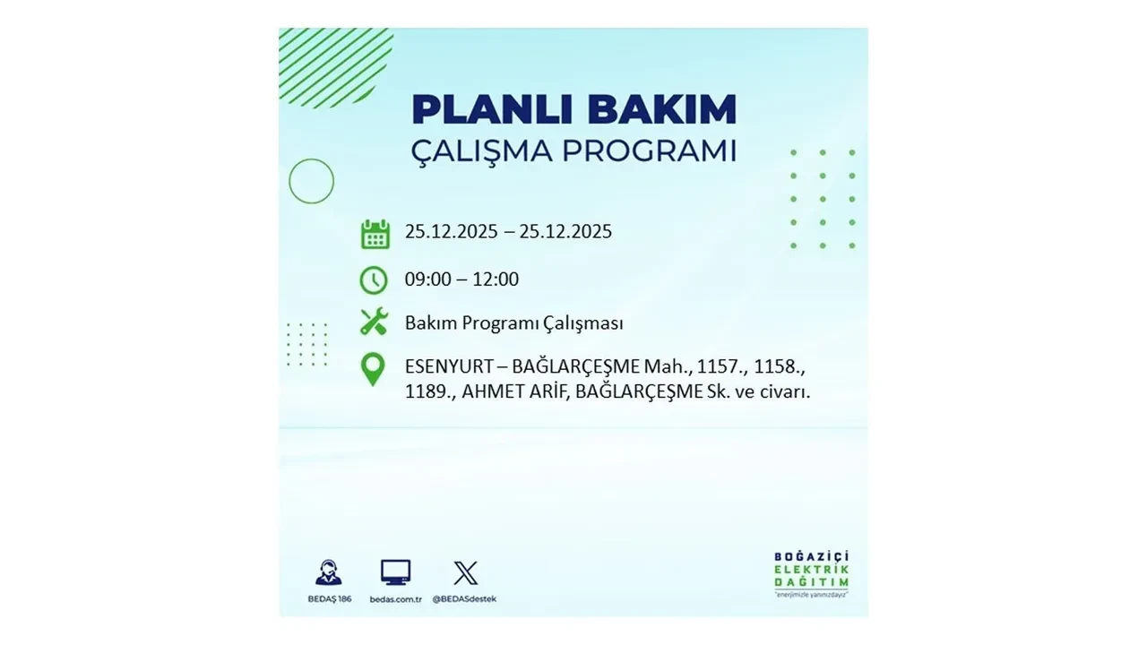 25 Aralık İstanbul elektrik kesintisi duyurusu! BEDAŞ çalışmaları 21 ilçeyi etkileyecek